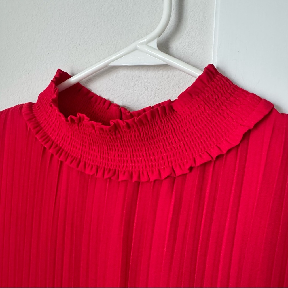 Nanette Lepore Red Smocked Pleated Dress Size 12 Mock Neck Evening Wedding - Picture 5 of 16